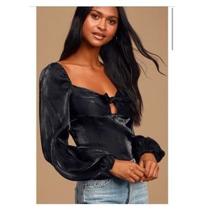 Black Satin Tie-Front Puff Sleeve Top